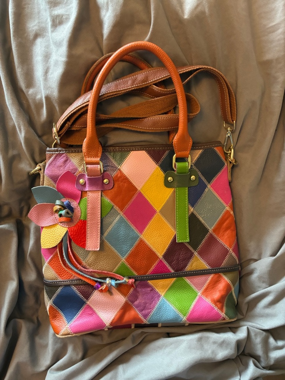 Multicolor Diamond Patchwork Segater Leather Tote Bag